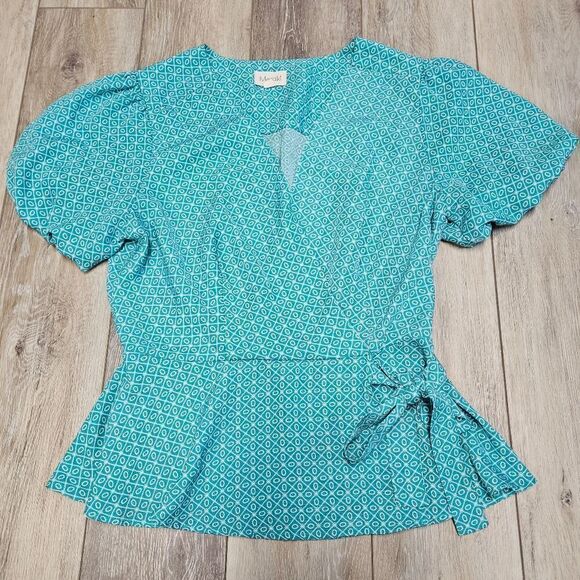 Meraki Faux Wrap Blouse Puff Sleeve Women’s Large Green Teal Geometric Pattern - Picture 5 of 10